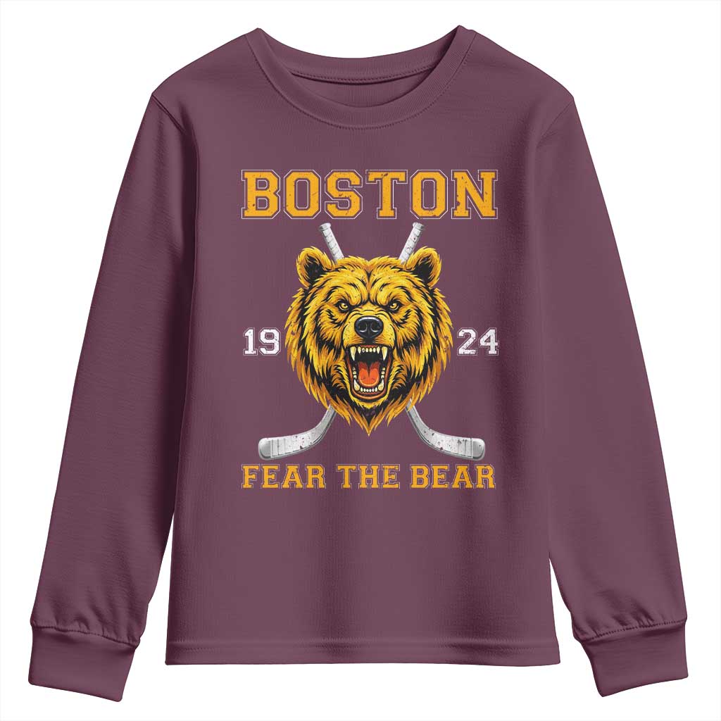 Boston Ice Hockey Youth Sweatshirt Retro Vintage Fear The Bear TS10 Maroon Print Your Wear