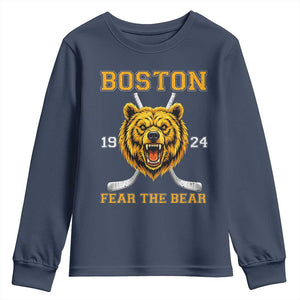 Boston Ice Hockey Youth Sweatshirt Retro Vintage Fear The Bear TS10 Navy Print Your Wear