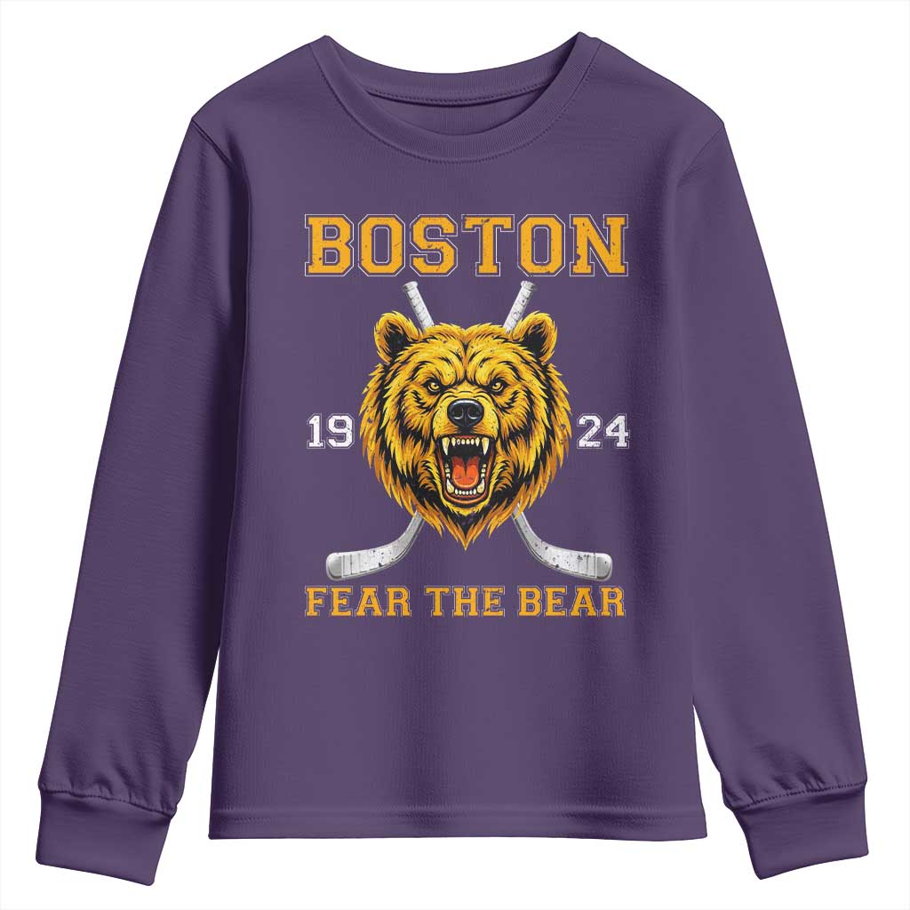 Boston Ice Hockey Youth Sweatshirt Retro Vintage Fear The Bear TS10 Purple Print Your Wear
