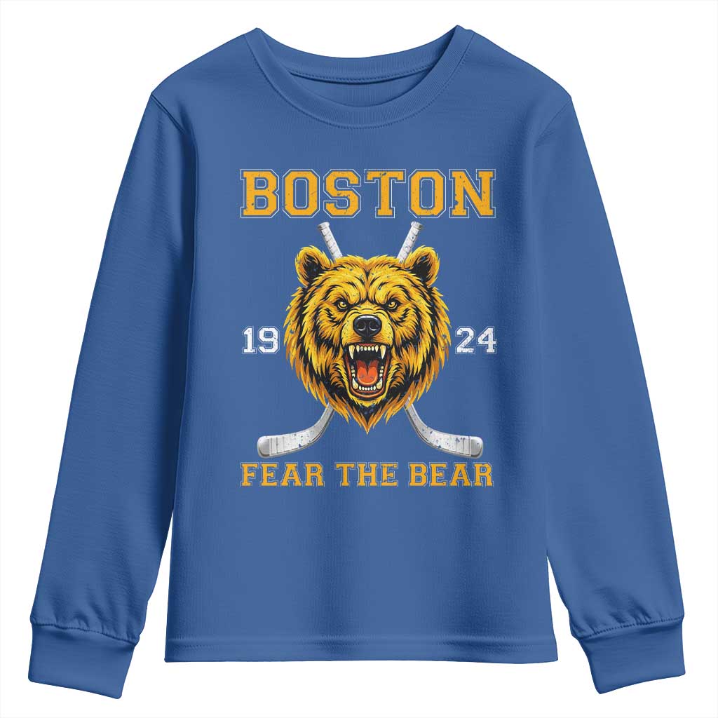 Boston Ice Hockey Youth Sweatshirt Retro Vintage Fear The Bear TS10 Royal Blue Print Your Wear
