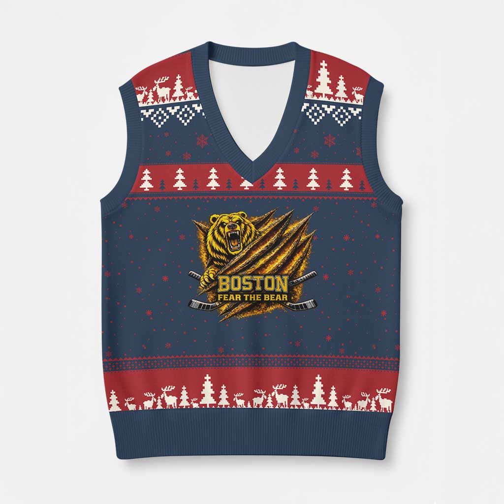 Boston Ice Hockey V-Neck Knit Sweater Vest Retro Fear The Bear Funny Sarcastic Saying TS10 Navy Red Print Your Wear