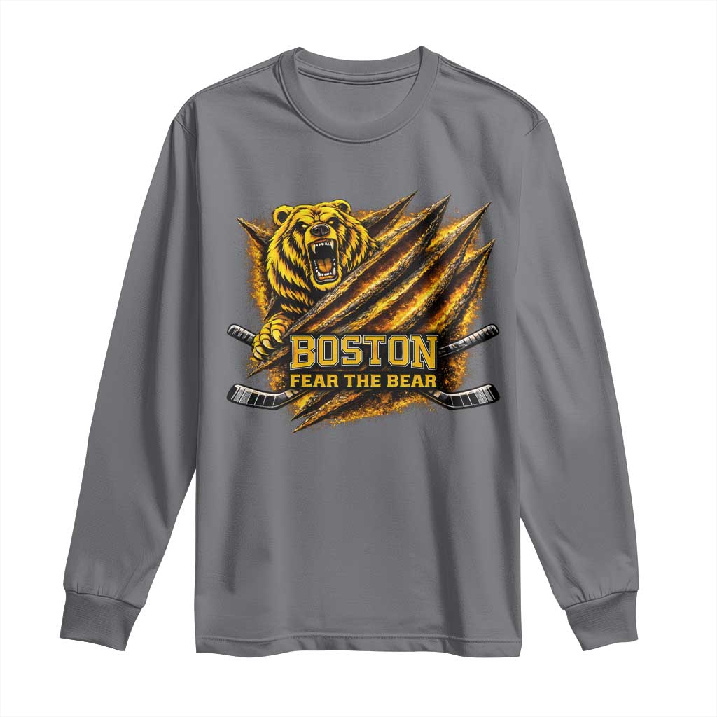 Boston Ice Hockey Long Sleeve Shirt Retro Fear The Bear Funny Sarcastic Saying TS10 Charcoal Print Your Wear