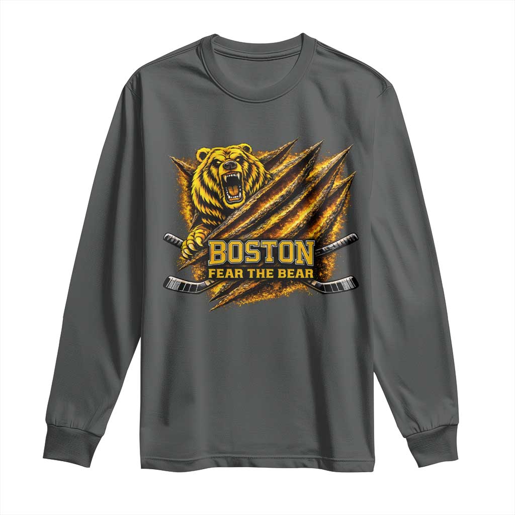 Boston Ice Hockey Long Sleeve Shirt Retro Fear The Bear Funny Sarcastic Saying TS10 Dark Heather Print Your Wear