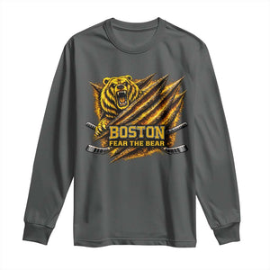 Boston Ice Hockey Long Sleeve Shirt Retro Fear The Bear Funny Sarcastic Saying TS10 Dark Heather Print Your Wear
