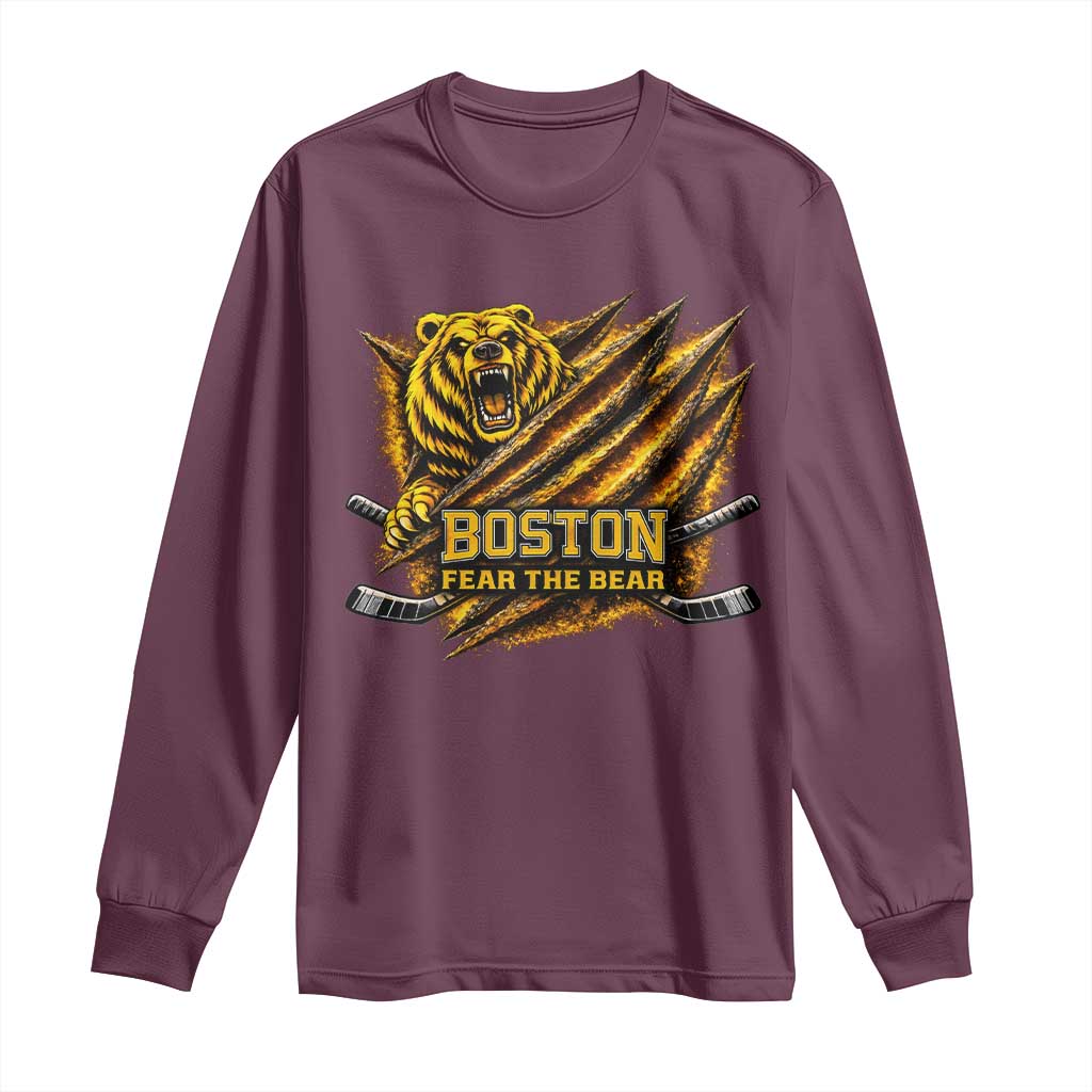 Boston Ice Hockey Long Sleeve Shirt Retro Fear The Bear Funny Sarcastic Saying TS10 Maroon Print Your Wear