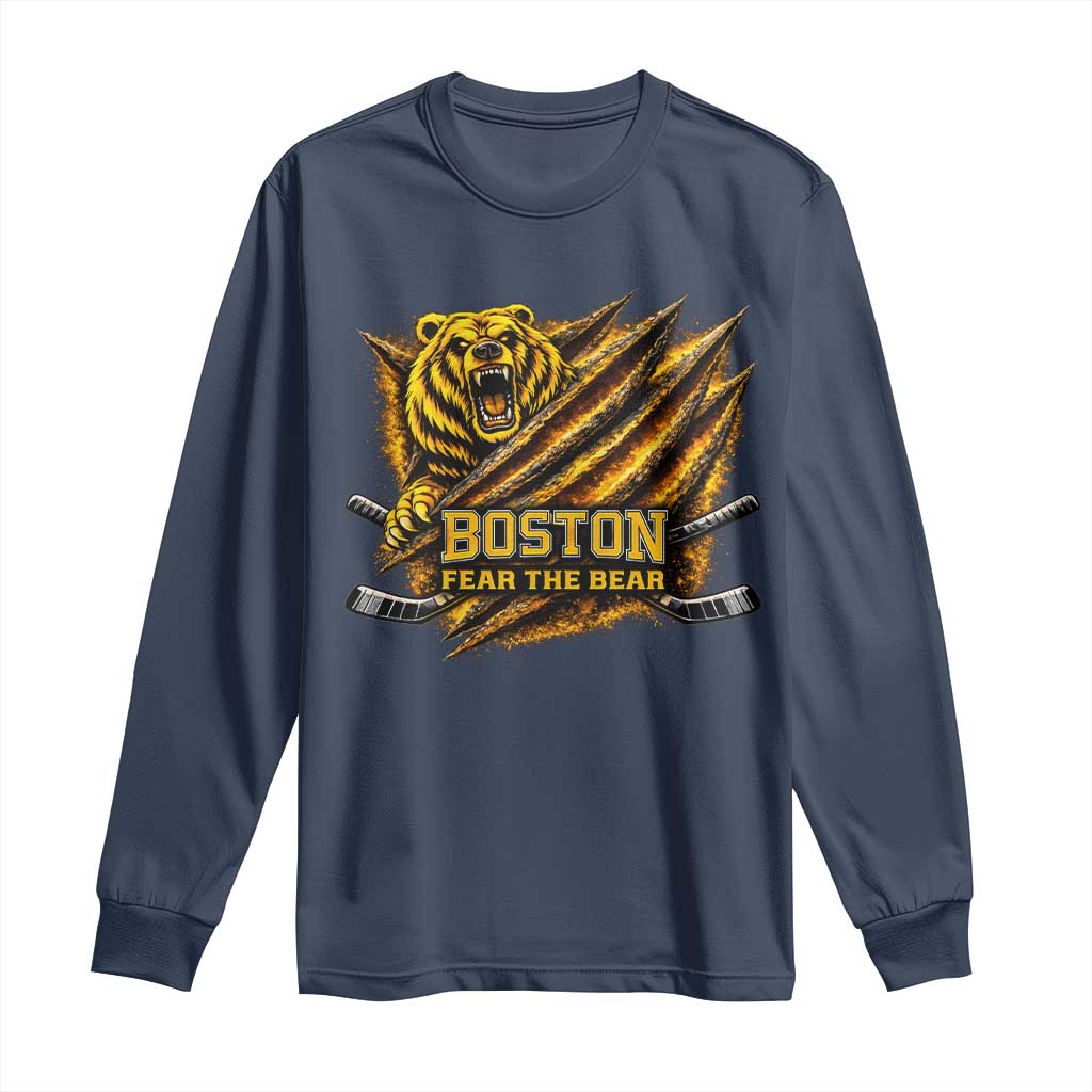 Boston Ice Hockey Long Sleeve Shirt Retro Fear The Bear Funny Sarcastic Saying TS10 Navy Print Your Wear