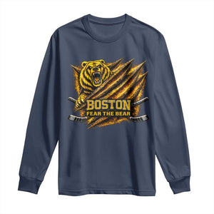 Boston Ice Hockey Long Sleeve Shirt Retro Fear The Bear Funny Sarcastic Saying TS10 Navy Print Your Wear