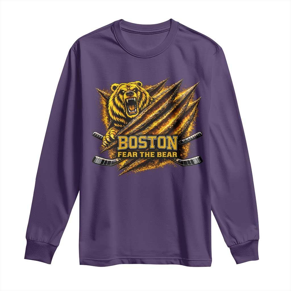 Boston Ice Hockey Long Sleeve Shirt Retro Fear The Bear Funny Sarcastic Saying TS10 Purple Print Your Wear