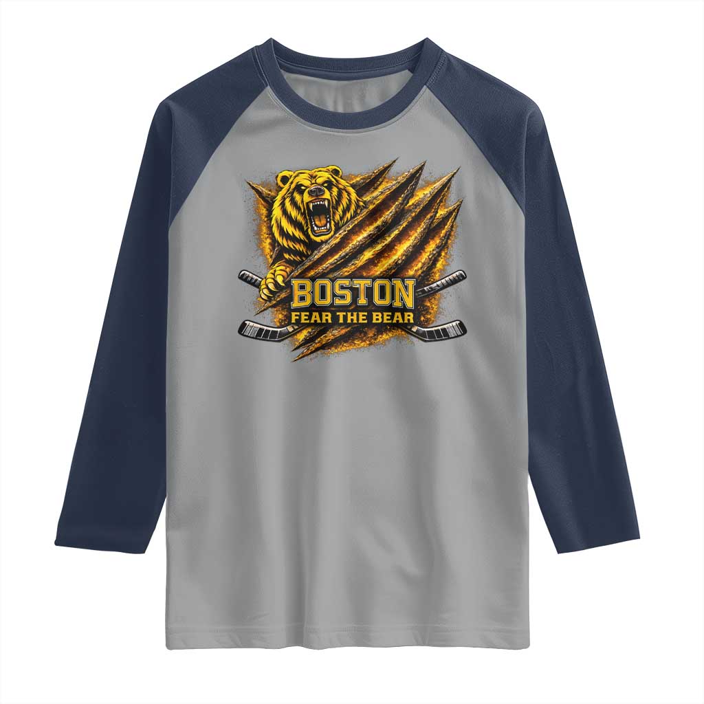 Boston Ice Hockey Raglan Shirt Retro Fear The Bear Funny Sarcastic Saying TS10 Sport Gray Navy Print Your Wear