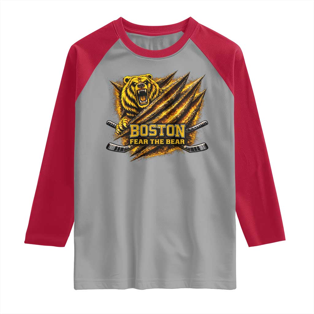 Boston Ice Hockey Raglan Shirt Retro Fear The Bear Funny Sarcastic Saying TS10 Sport Gray Red Print Your Wear