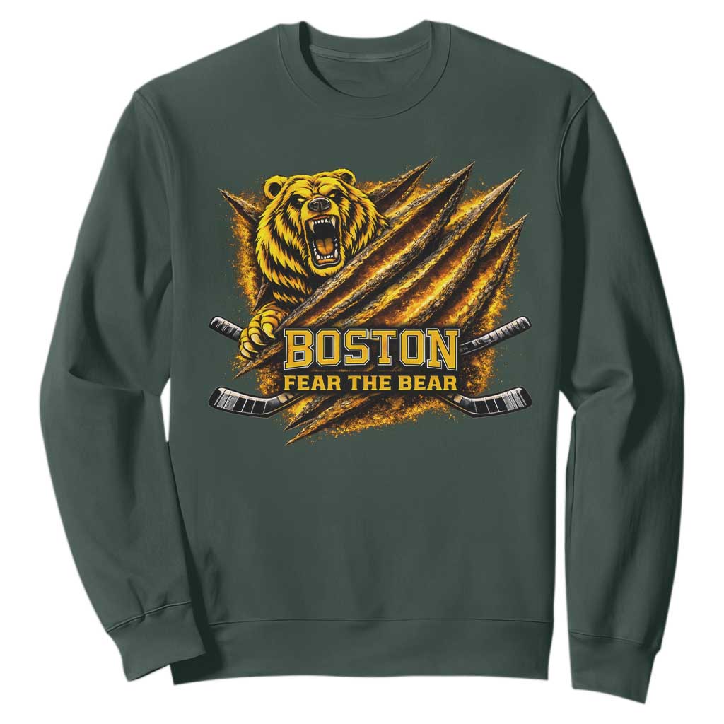 Boston Ice Hockey Sweatshirt Retro Fear The Bear Funny Sarcastic Saying TS10 Dark Forest Green Print Your Wear