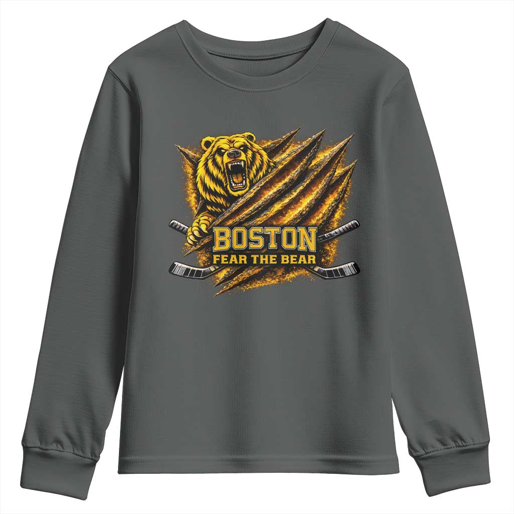 Boston Ice Hockey Youth Sweatshirt Retro Fear The Bear Funny Sarcastic Saying TS10 Dark Heather Print Your Wear