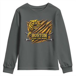 Boston Ice Hockey Youth Sweatshirt Retro Fear The Bear Funny Sarcastic Saying TS10 Dark Heather Print Your Wear