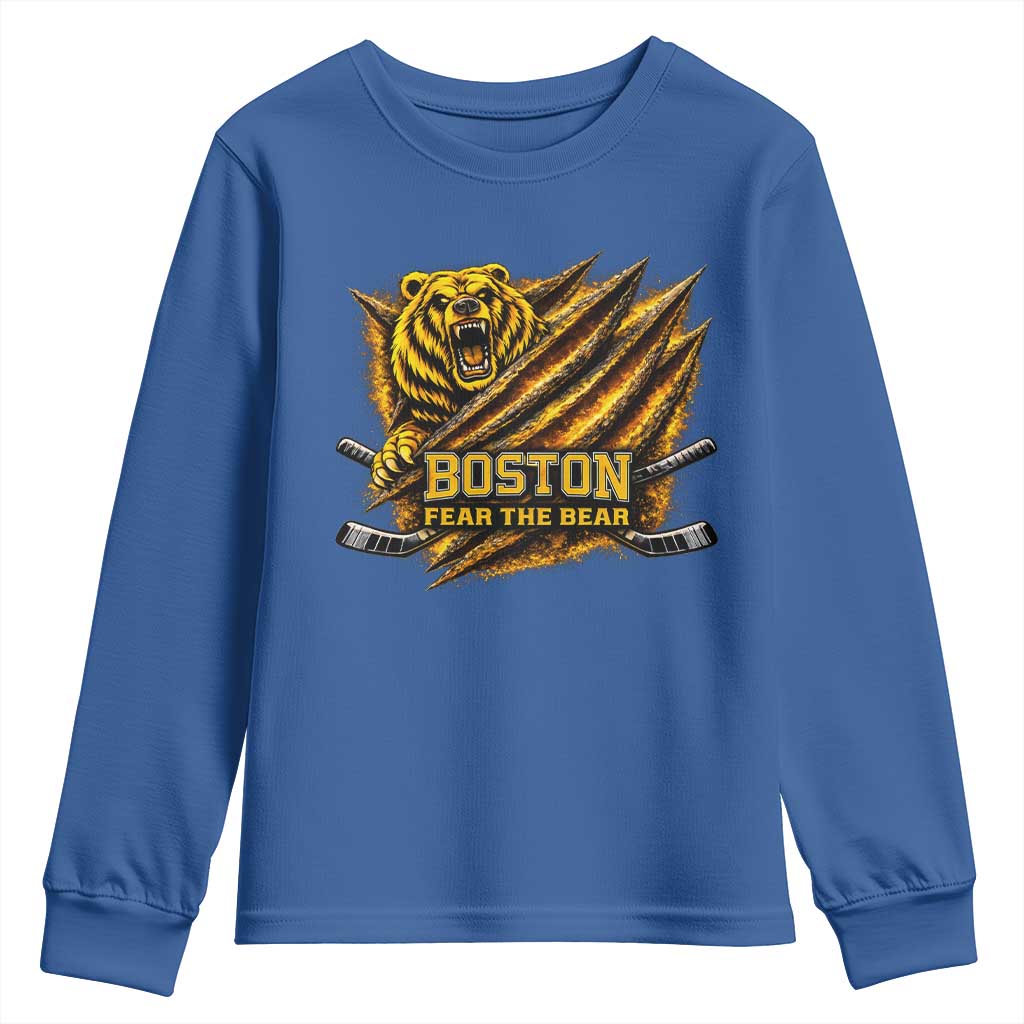 Boston Ice Hockey Youth Sweatshirt Retro Fear The Bear Funny Sarcastic Saying TS10 Royal Blue Print Your Wear