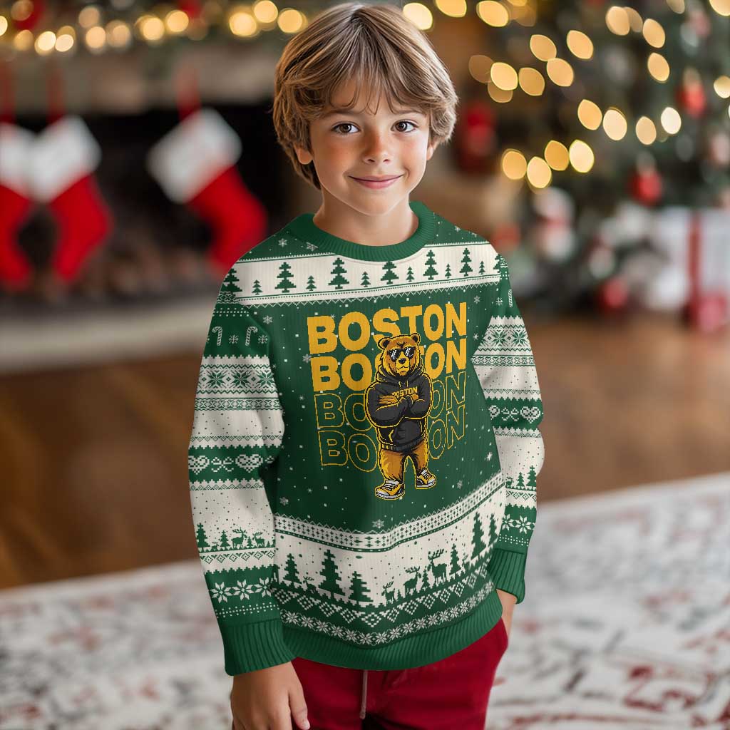 Retro Boston Ice Hockey Ugly Christmas Sweater Fear The Bear TS10 Forest Green Beige Print Your Wear