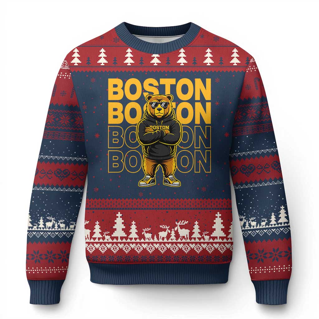 Retro Boston Ice Hockey Ugly Christmas Sweater Fear The Bear TS10 Navy Red Print Your Wear