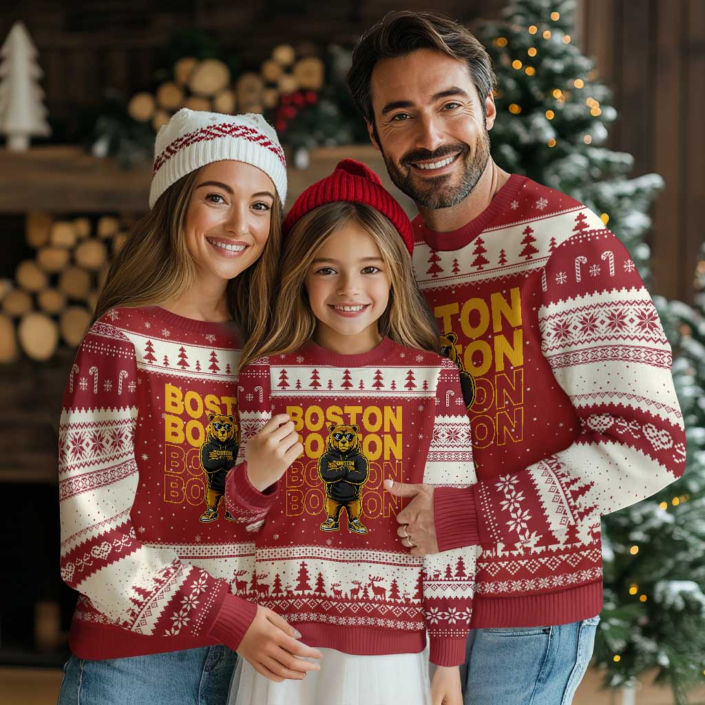 Retro Boston Ice Hockey Ugly Christmas Sweater Fear The Bear TS10 Red Beige Print Your Wear