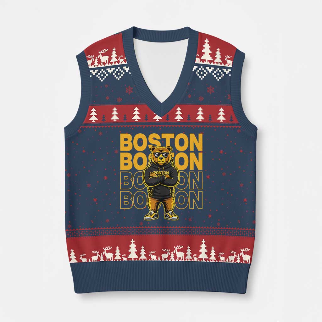 Retro Boston Ice Hockey V-Neck Knit Sweater Vest Fear The Bear TS10 Navy Red Print Your Wear
