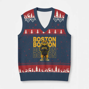 Retro Boston Ice Hockey V-Neck Knit Sweater Vest Fear The Bear TS10 Navy Red Print Your Wear