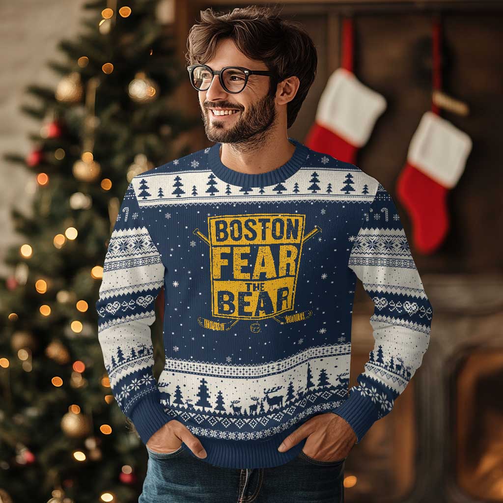Boston Ice Hockey Ugly Christmas Sweater Fear The Bear TS10 Navy Beige Print Your Wear