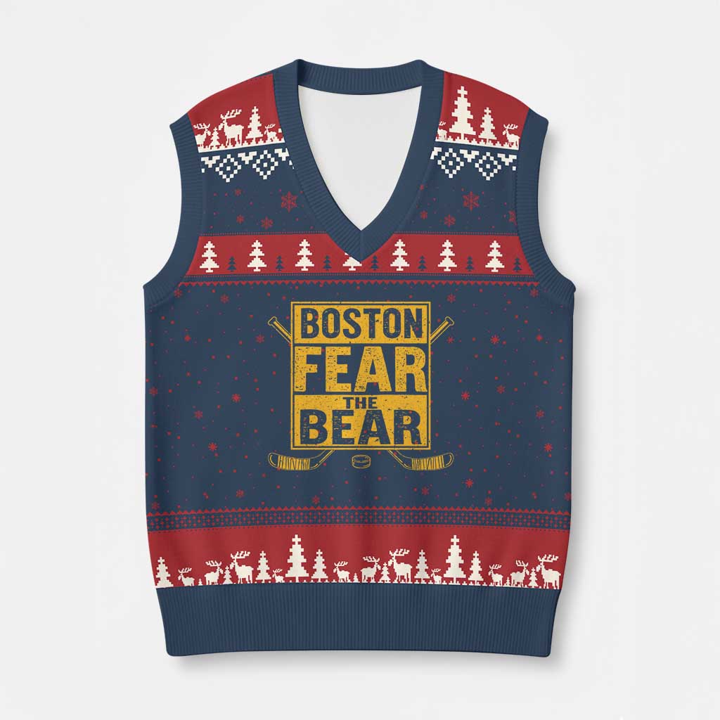 Boston Ice Hockey V-Neck Knit Sweater Vest Fear The Bear TS10 Navy Red Print Your Wear
