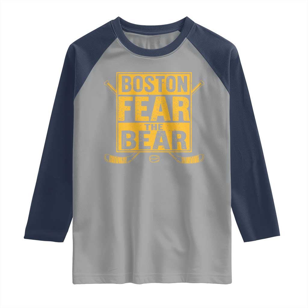 Boston Ice Hockey Raglan Shirt Fear The Bear TS10 Sport Gray Navy Print Your Wear