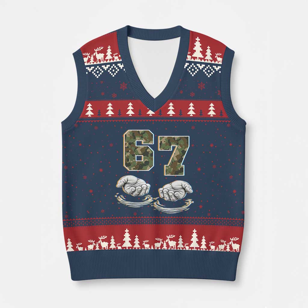 Funny Six Seven 6 7 Meme V-Neck Knit Sweater Vest Gen Alpha Slang 6 7 Hands Camo Boy Girl TS10 Navy Red Print Your Wear
