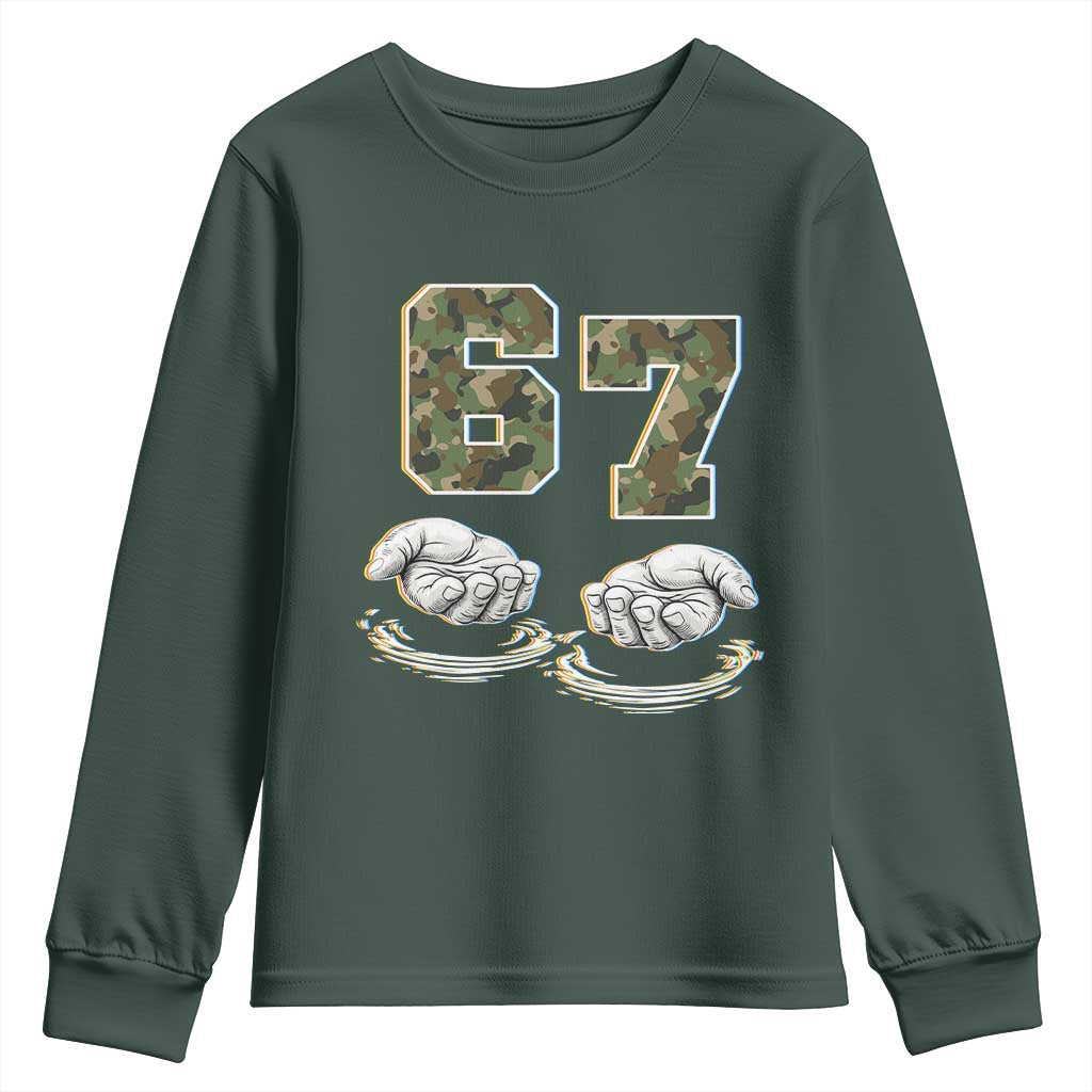Funny Six Seven 6 7 Meme Youth Sweatshirt Gen Alpha Slang 6 7 Hands Camo Boy Girl TS10 Dark Forest Green Print Your Wear