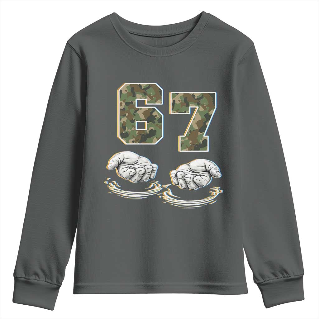 Funny Six Seven 6 7 Meme Youth Sweatshirt Gen Alpha Slang 6 7 Hands Camo Boy Girl TS10 Dark Heather Print Your Wear
