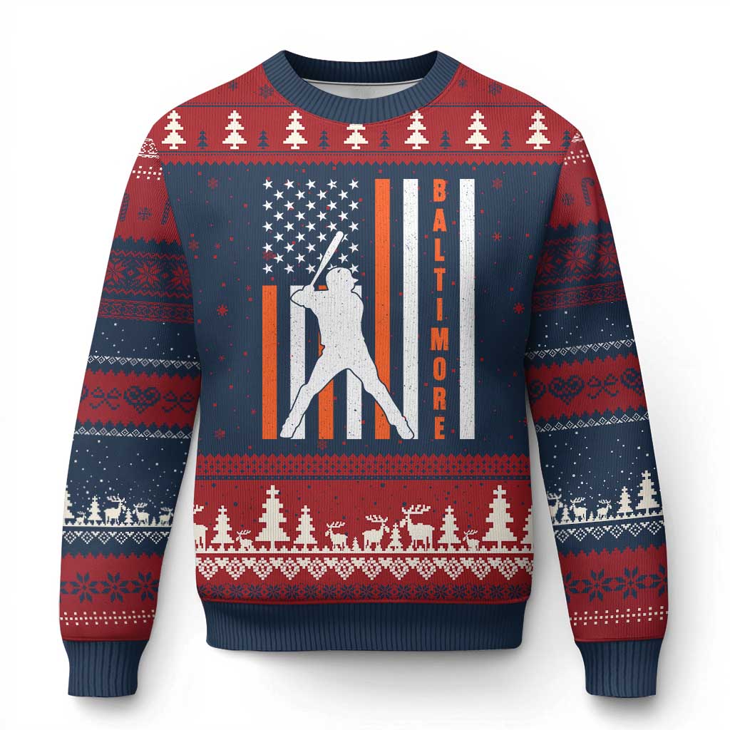 Baltimore Sport Baseball Fans Ugly Christmas Sweater Cool Distressed US Flag Maryland TS10 Navy Red Print Your Wear