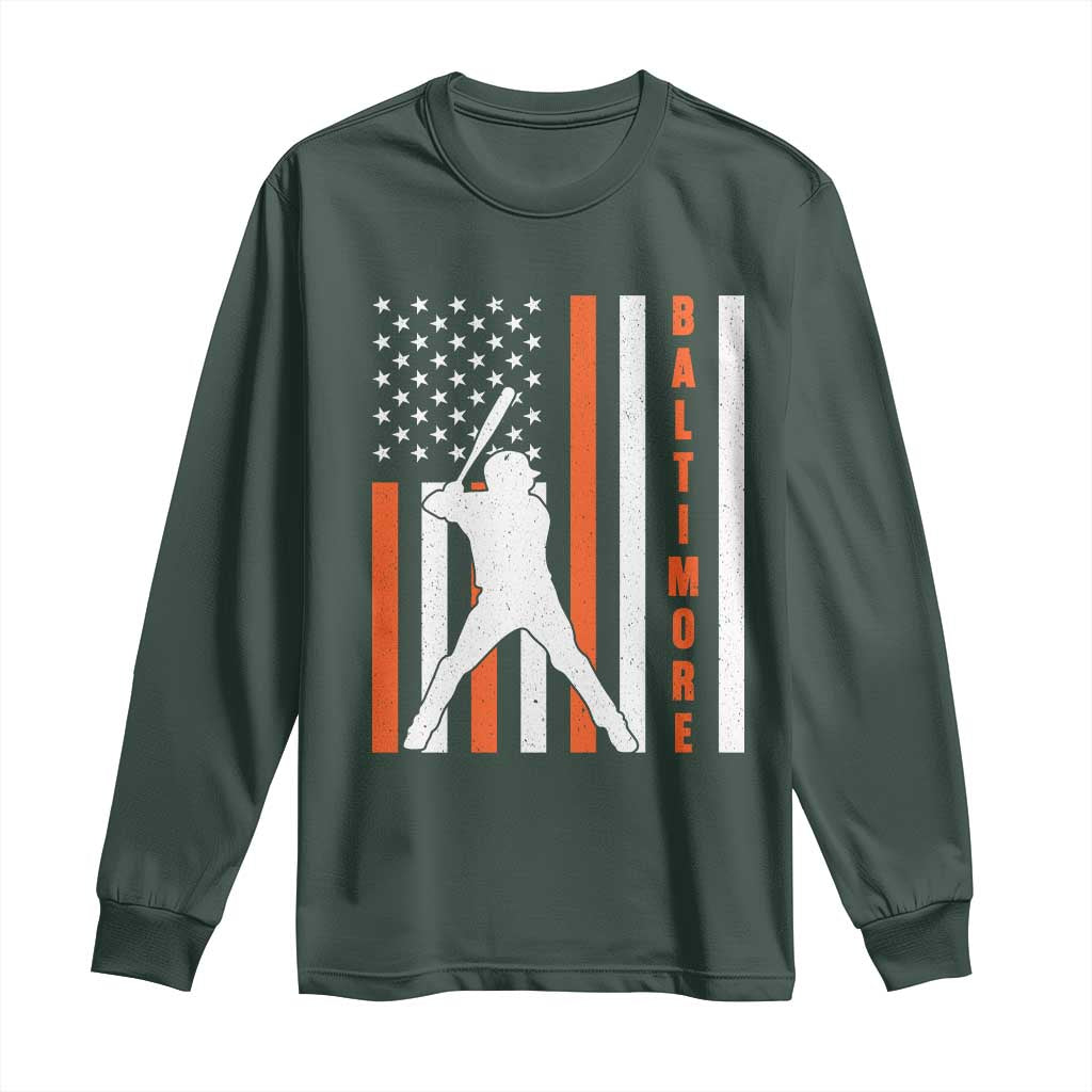 Baltimore Sport Baseball Fans Long Sleeve Shirt Cool Distressed US Flag Maryland TS10 Dark Forest Green Print Your Wear
