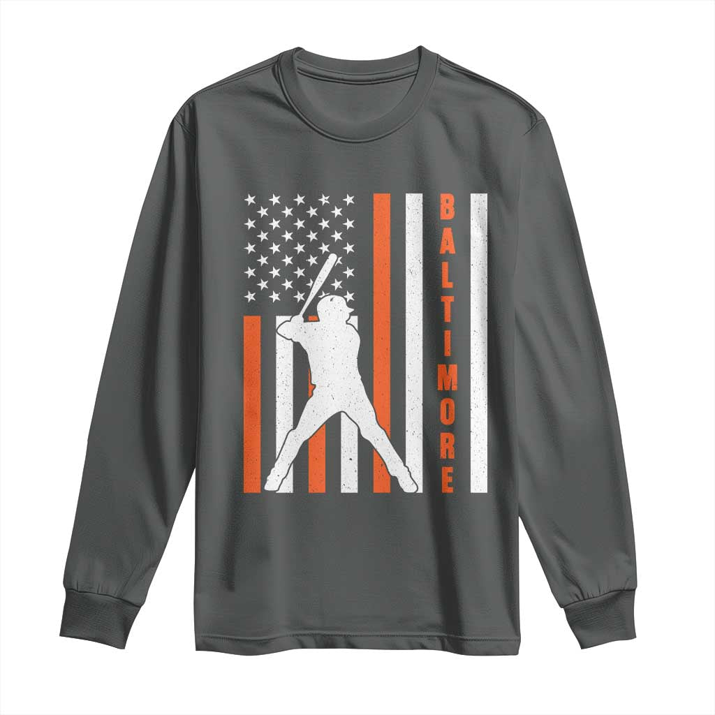 Baltimore Sport Baseball Fans Long Sleeve Shirt Cool Distressed US Flag Maryland TS10 Dark Heather Print Your Wear