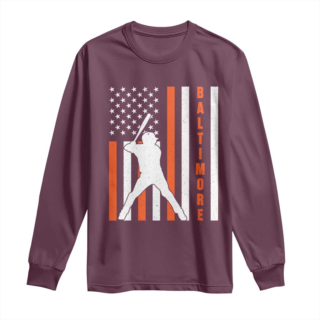 Baltimore Sport Baseball Fans Long Sleeve Shirt Cool Distressed US Flag Maryland TS10 Maroon Print Your Wear