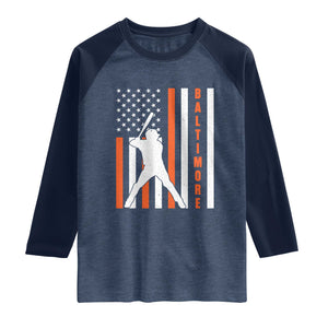 Baltimore Sport Baseball Fans Raglan Shirt Cool Distressed US Flag Maryland TS10 Heather Denim Navy Print Your Wear