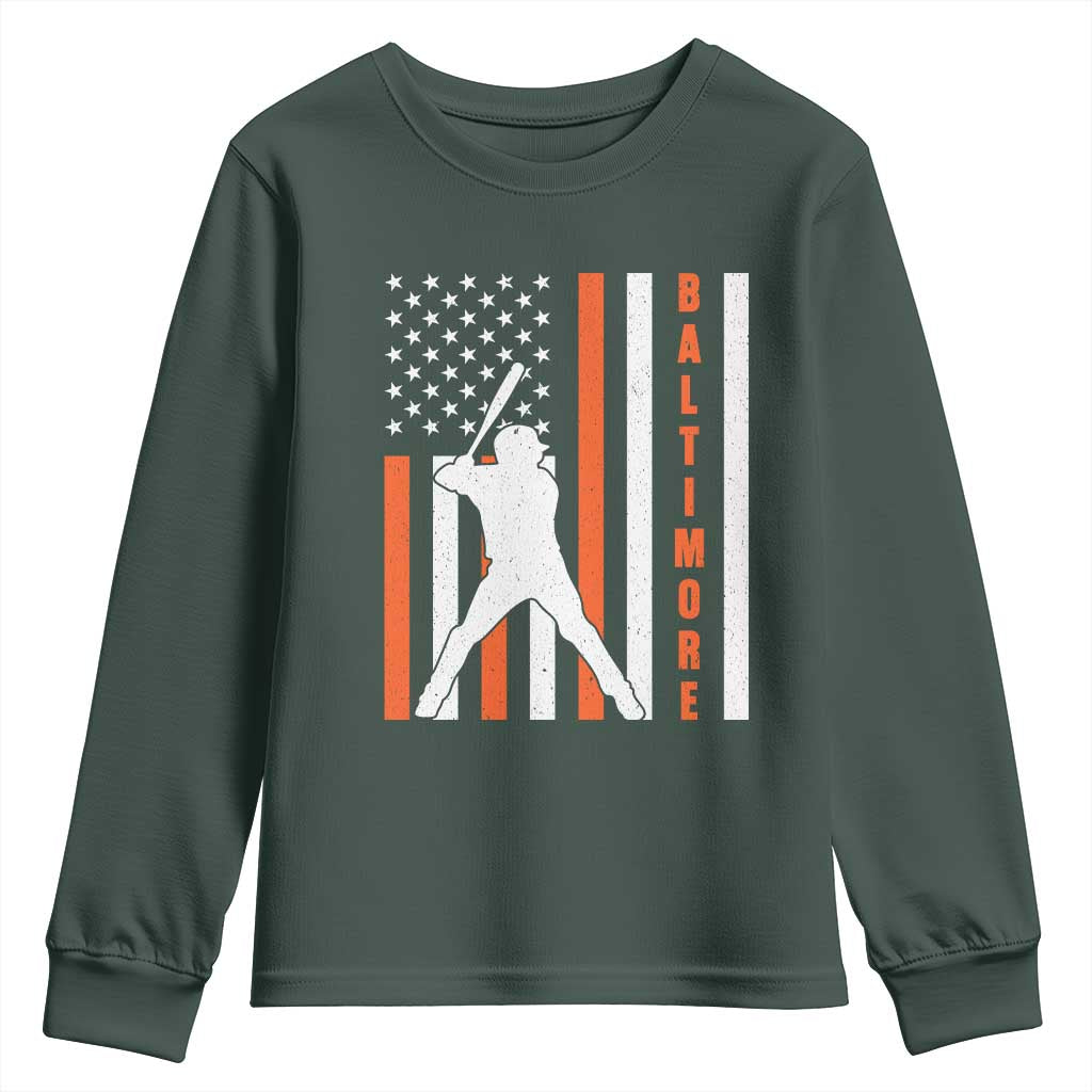 Baltimore Sport Baseball Fans Youth Sweatshirt Cool Distressed US Flag Maryland TS10 Dark Forest Green Print Your Wear