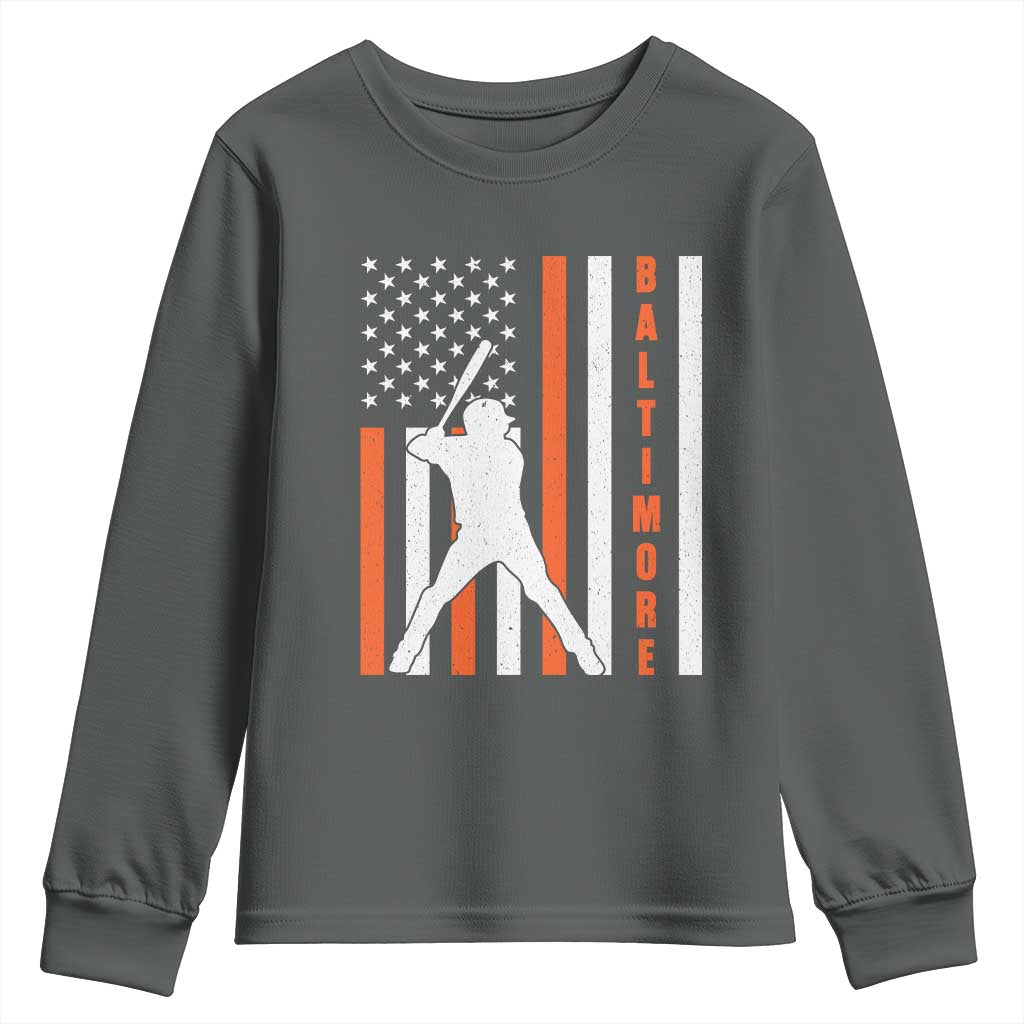 Baltimore Sport Baseball Fans Youth Sweatshirt Cool Distressed US Flag Maryland TS10 Dark Heather Print Your Wear