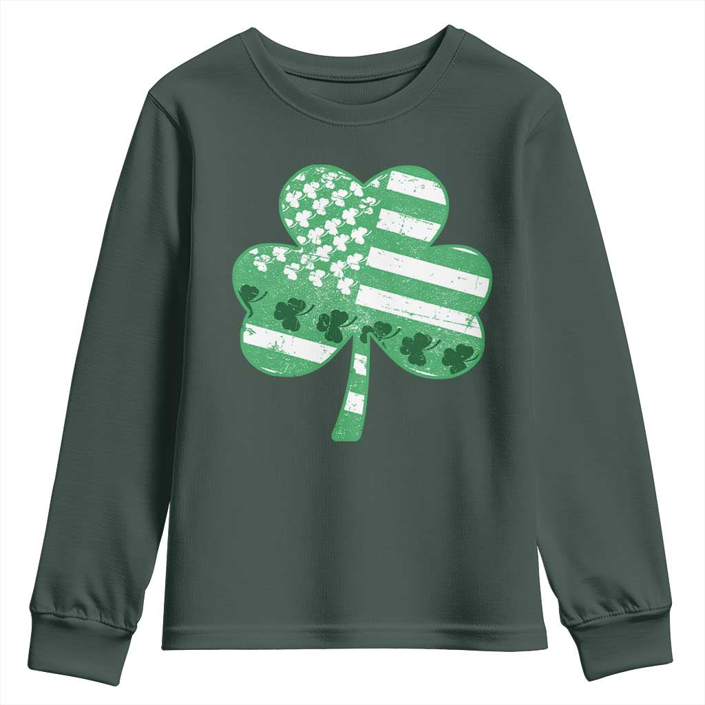 St Patricks Day American Flag Shamrocks Youth Sweatshirt Lucky Retro Vintage Irish USA TS10 Dark Forest Green Print Your Wear