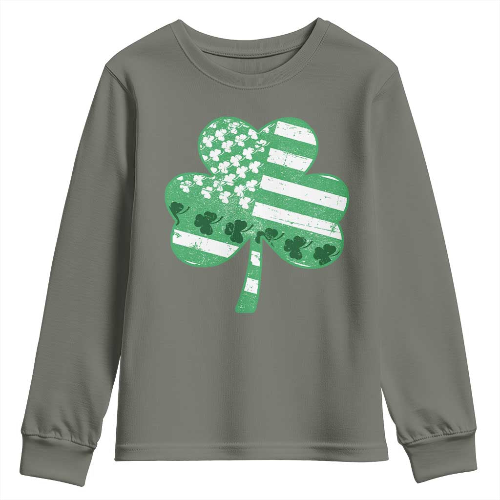 St Patricks Day American Flag Shamrocks Youth Sweatshirt Lucky Retro Vintage Irish USA TS10 Military Green Print Your Wear