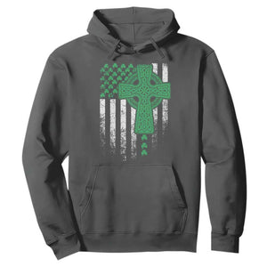 St Patricks Day American Flag Hoodie Celtic Cross Shamrocks TS10 Dark Heather Print Your Wear