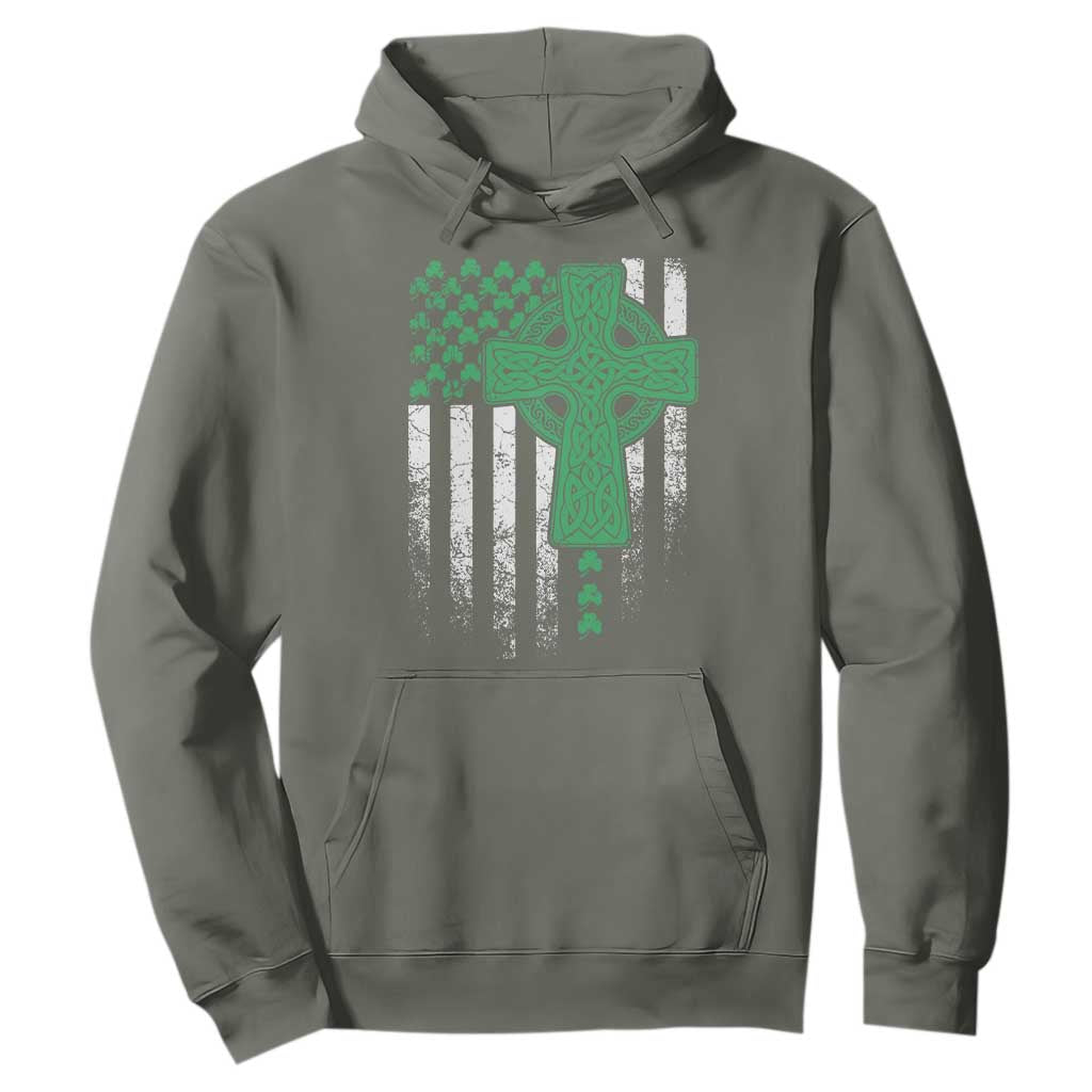 St Patricks Day American Flag Hoodie Celtic Cross Shamrocks TS10 Military Green Print Your Wear