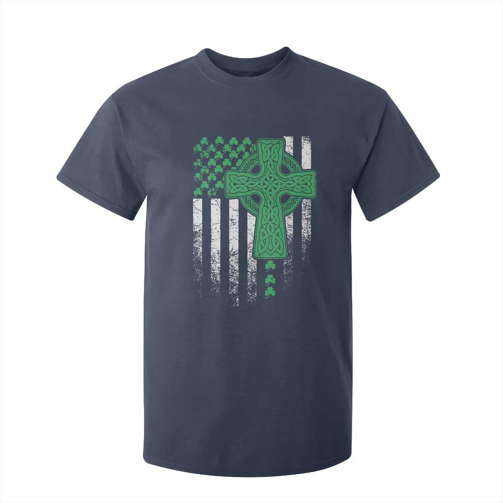 St Patricks Day American Flag T Shirt For Kid Celtic Cross Shamrocks TS10 Navy Print Your Wear