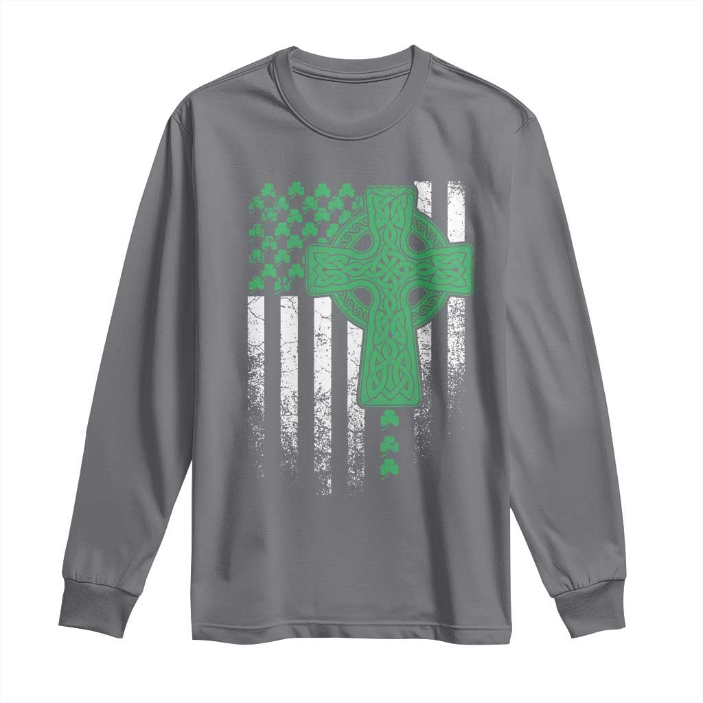 St Patricks Day American Flag Long Sleeve Shirt Celtic Cross Shamrocks TS10 Charcoal Print Your Wear