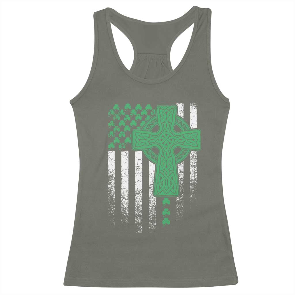 St Patricks Day American Flag Racerback Tank Top Celtic Cross Shamrocks TS10 Military Green Print Your Wear