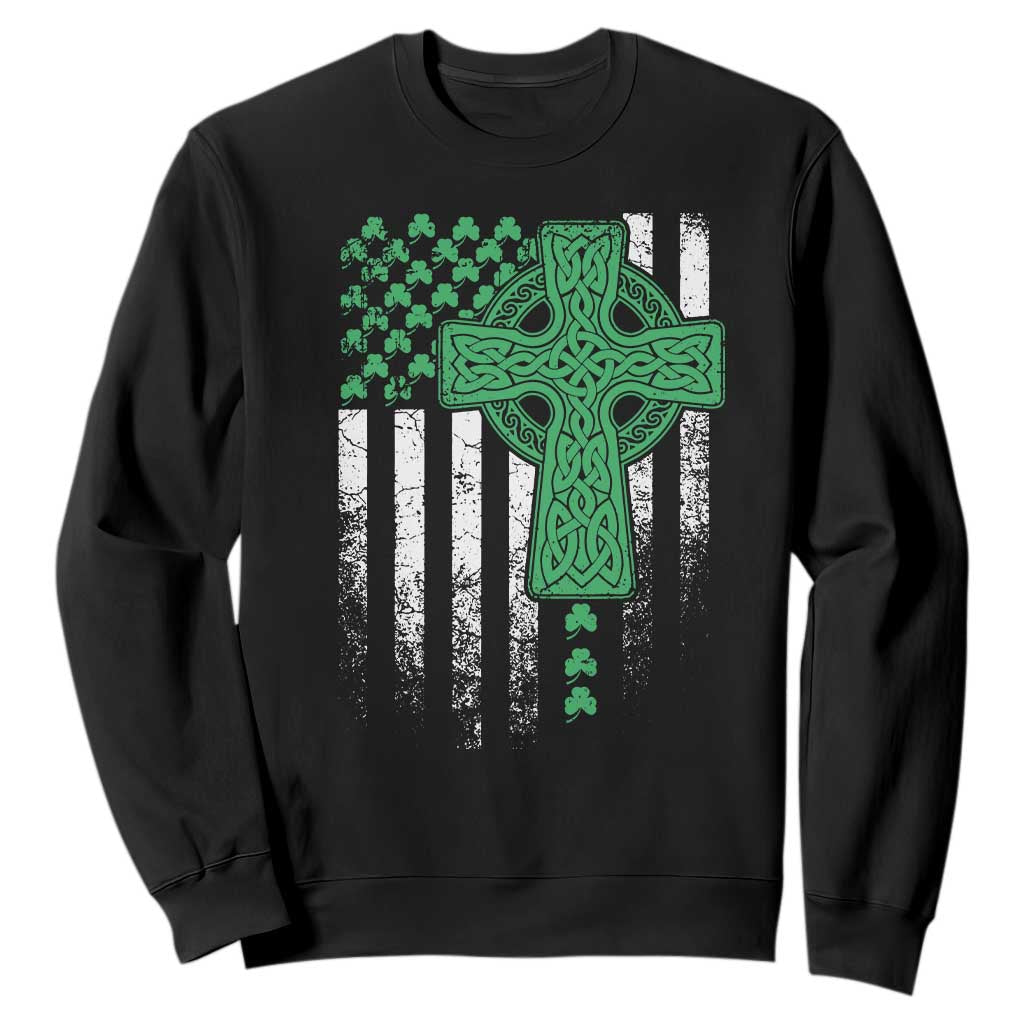 St Patricks Day American Flag Sweatshirt Celtic Cross Shamrocks TS10 Black Print Your Wear