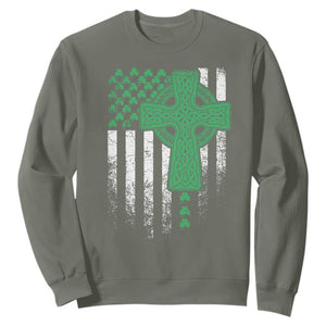 St Patricks Day American Flag Sweatshirt Celtic Cross Shamrocks TS10 Military Green Print Your Wear