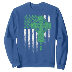 St Patricks Day American Flag Sweatshirt Celtic Cross Shamrocks TS10 Royal Blue Print Your Wear