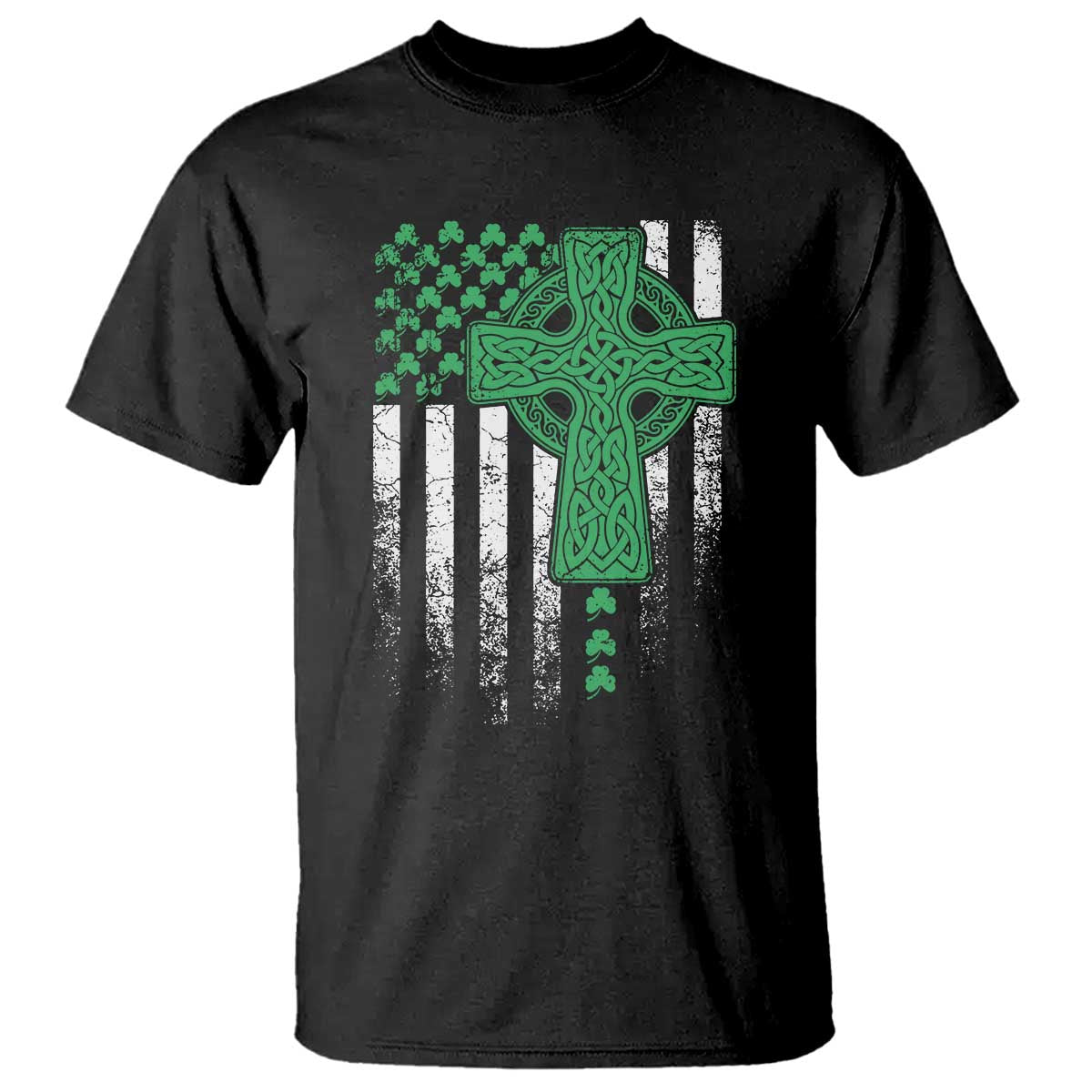 St Patricks Day American Flag T Shirt Celtic Cross Shamrocks TS10 Black Print Your Wear
