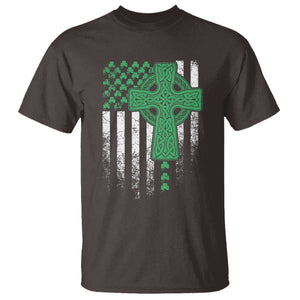 St Patricks Day American Flag T Shirt Celtic Cross Shamrocks TS10 Dark Chocolate Print Your Wear