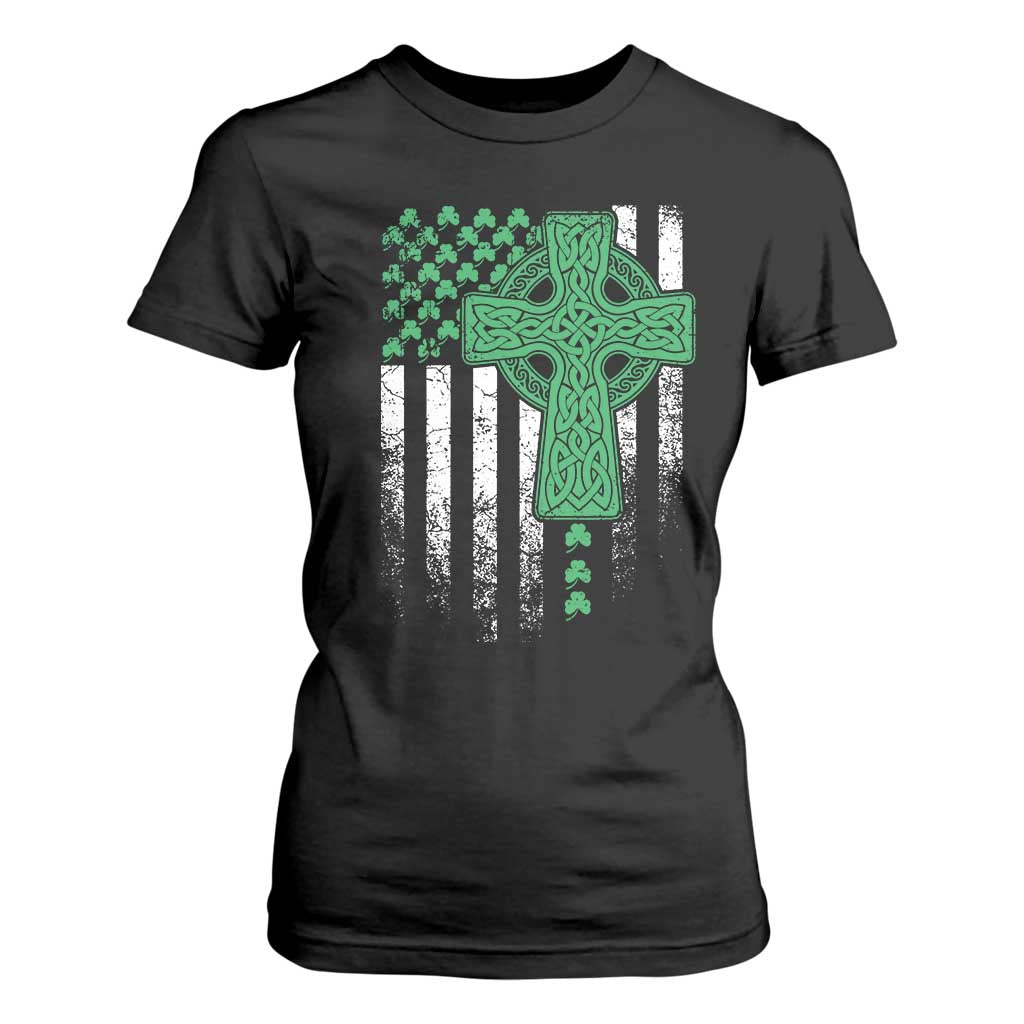 St Patricks Day American Flag T Shirt For Women Celtic Cross Shamrocks TS10 Black Print Your Wear