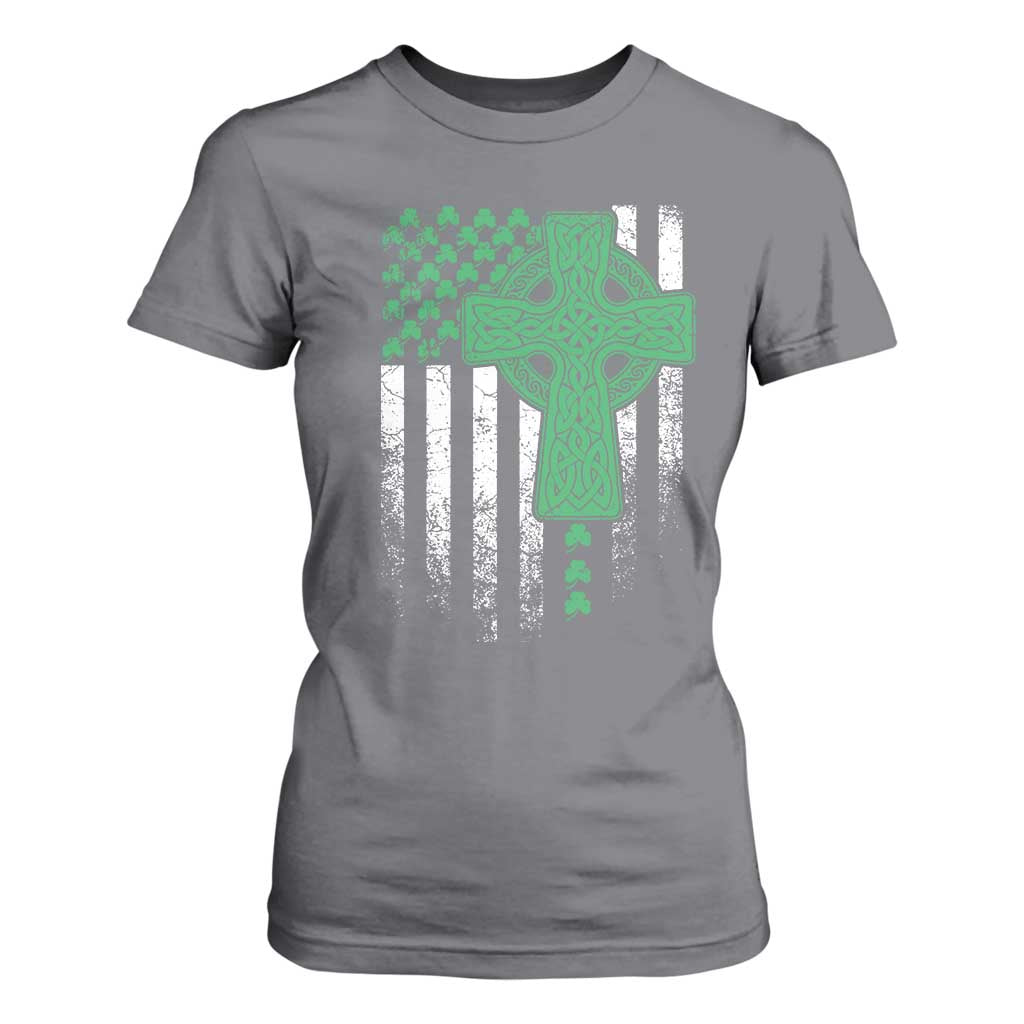 St Patricks Day American Flag T Shirt For Women Celtic Cross Shamrocks TS10 Charcoal Print Your Wear
